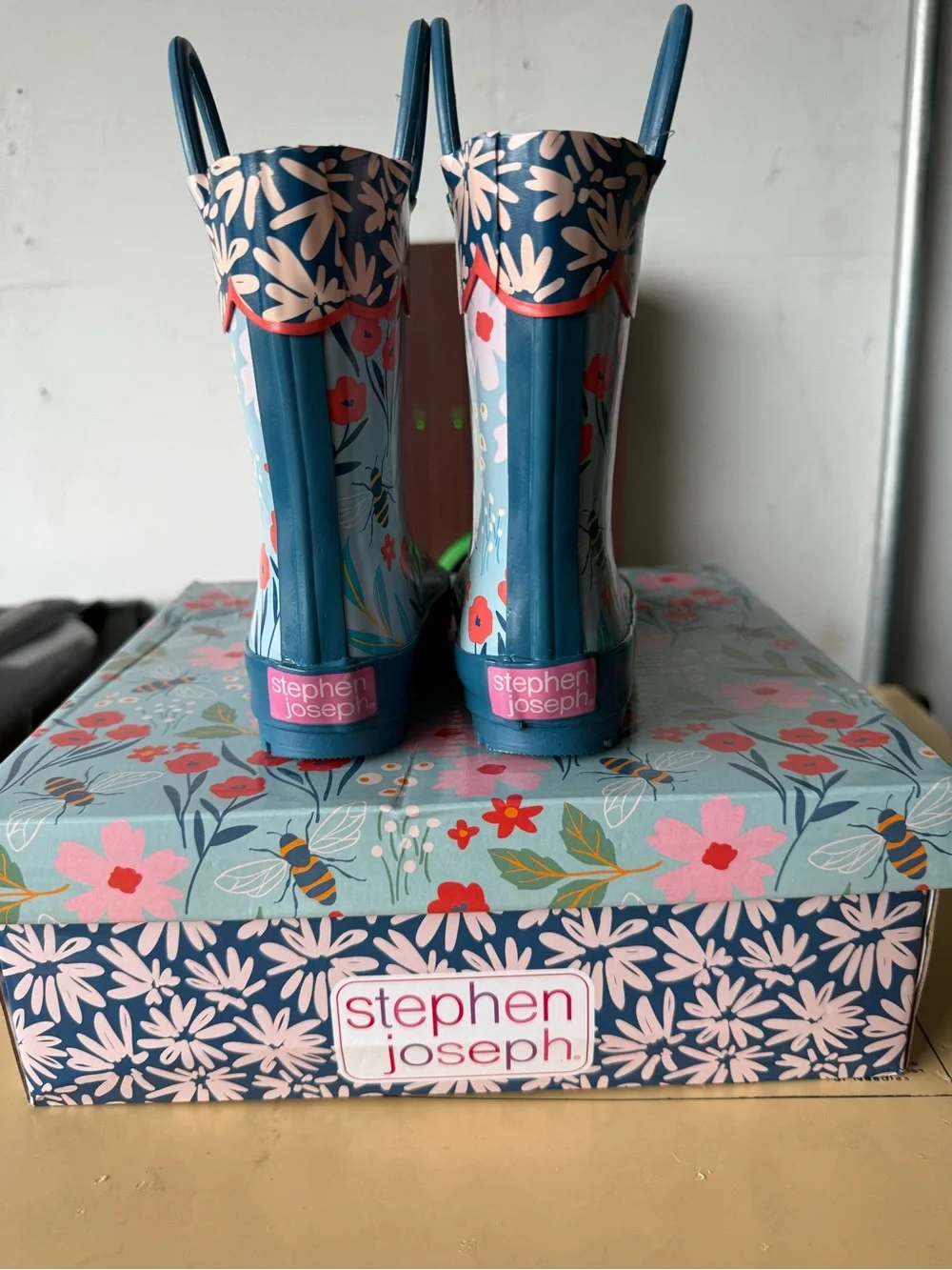 Stephen Joseph Floral & Bee Rainboots Light Blue Cherry Size US 6 EU 23 New